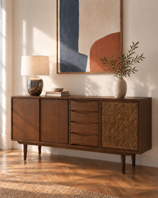 SIRIO wood and cane sideboard in a room with artwork and a lamp.