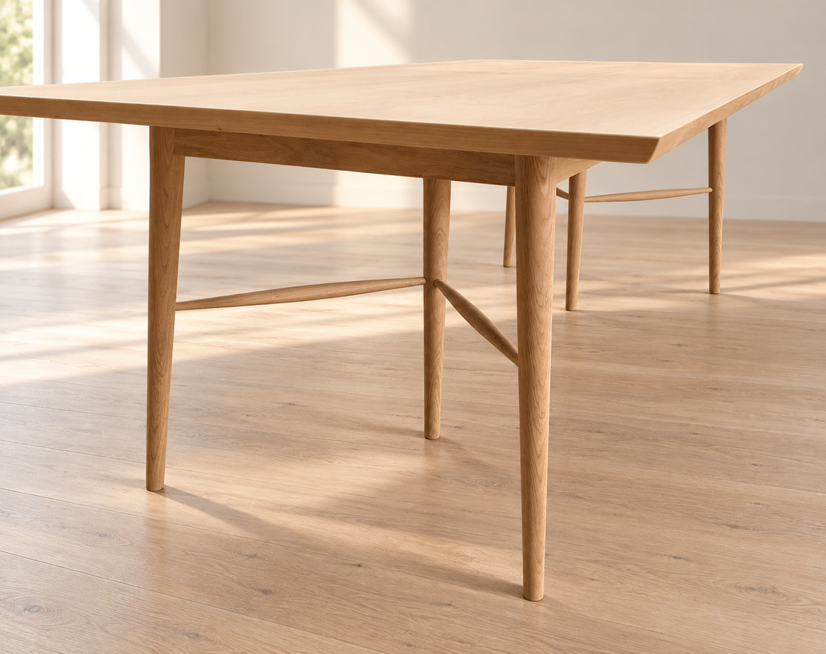 Three-quarter view of the GLEVA dining table with a rectangular top and turned legs.