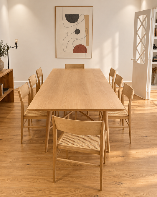Mesa de jantar GLEVA em madeira de freixo, com cadeiras numa sala de jantar.