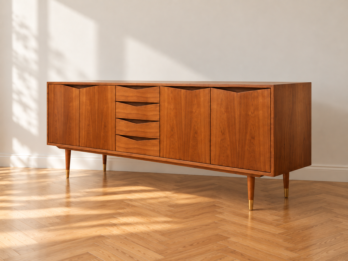 Three-quarter view of the VIALONE sideboard with brass-capped legs.