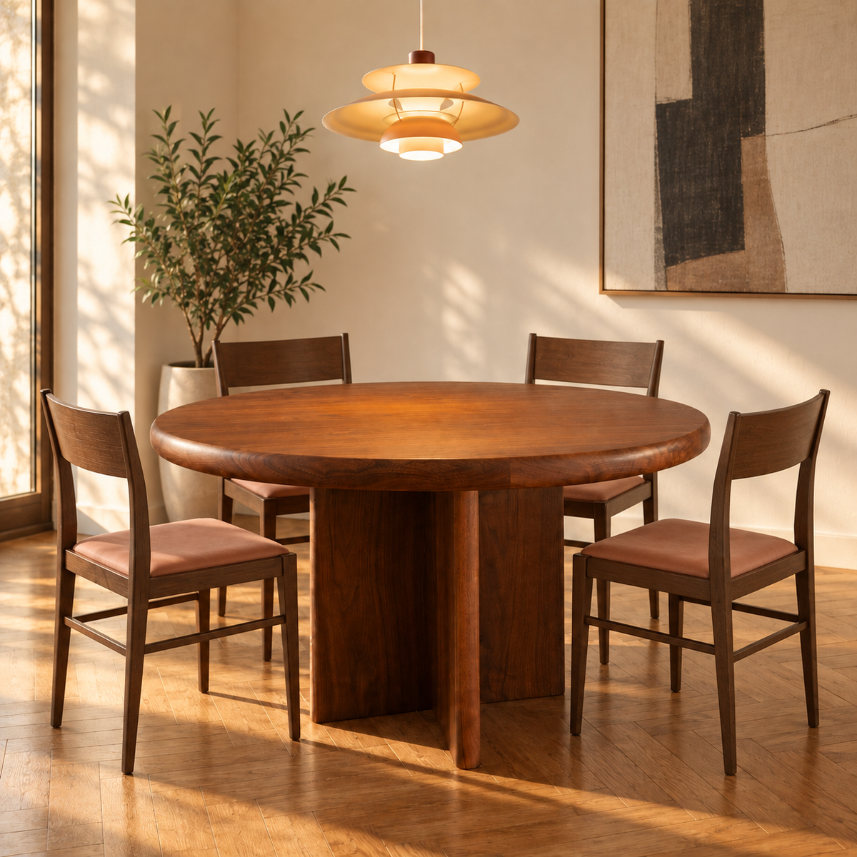Mesa de jantar RIA com base central em madeira, num ambiente com cadeiras.