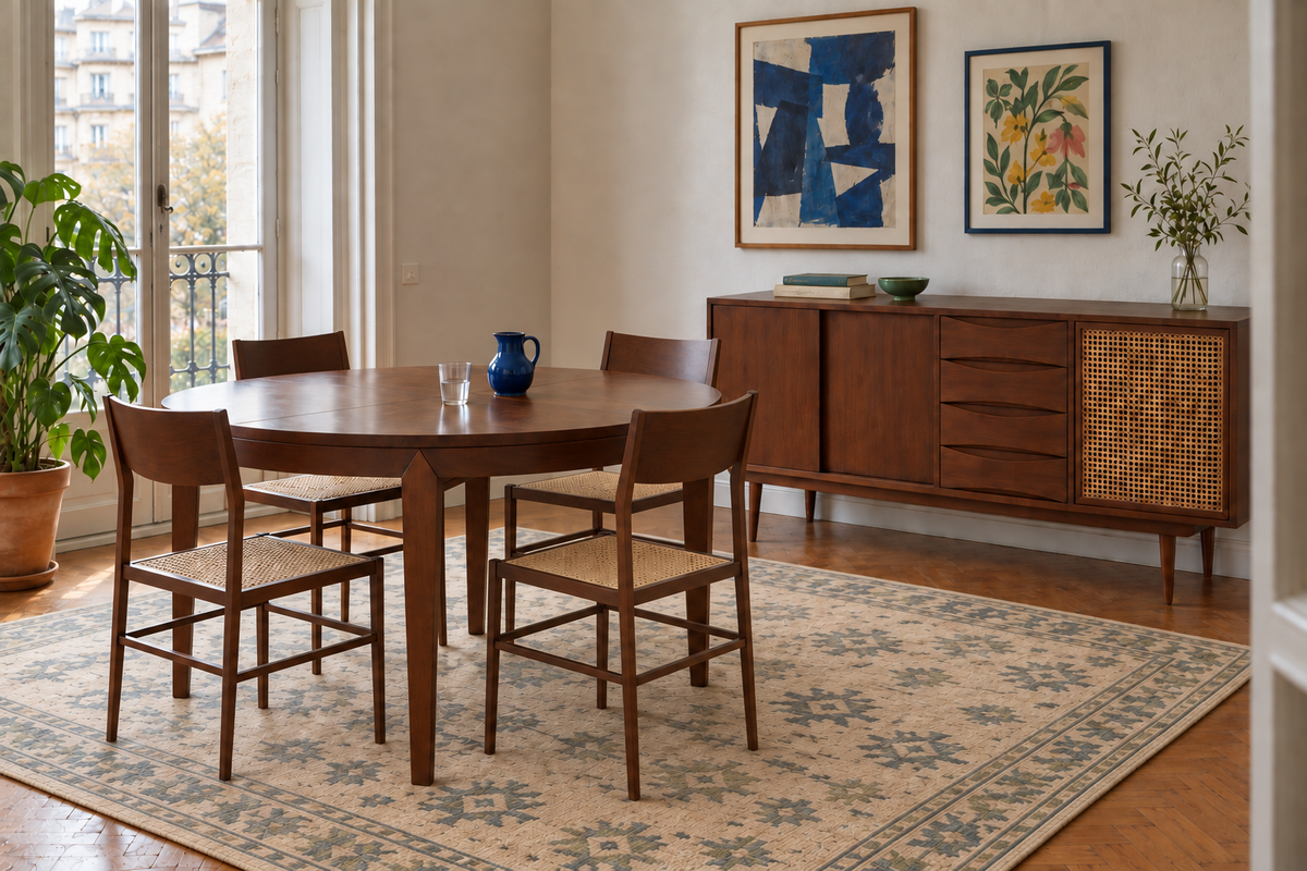 PERLA dining table with BASMATI chairs and SIRIO sideboard in a room with plants, artwork and a rug.