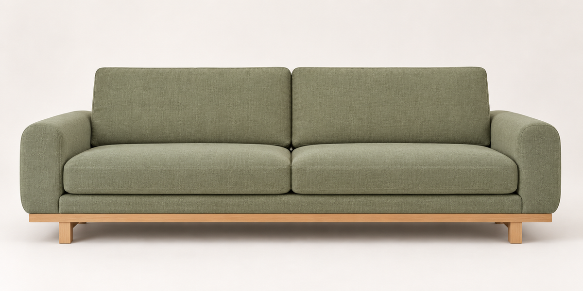 Front view of the LIDO sofa in Olive Green fabric with a wooden base.