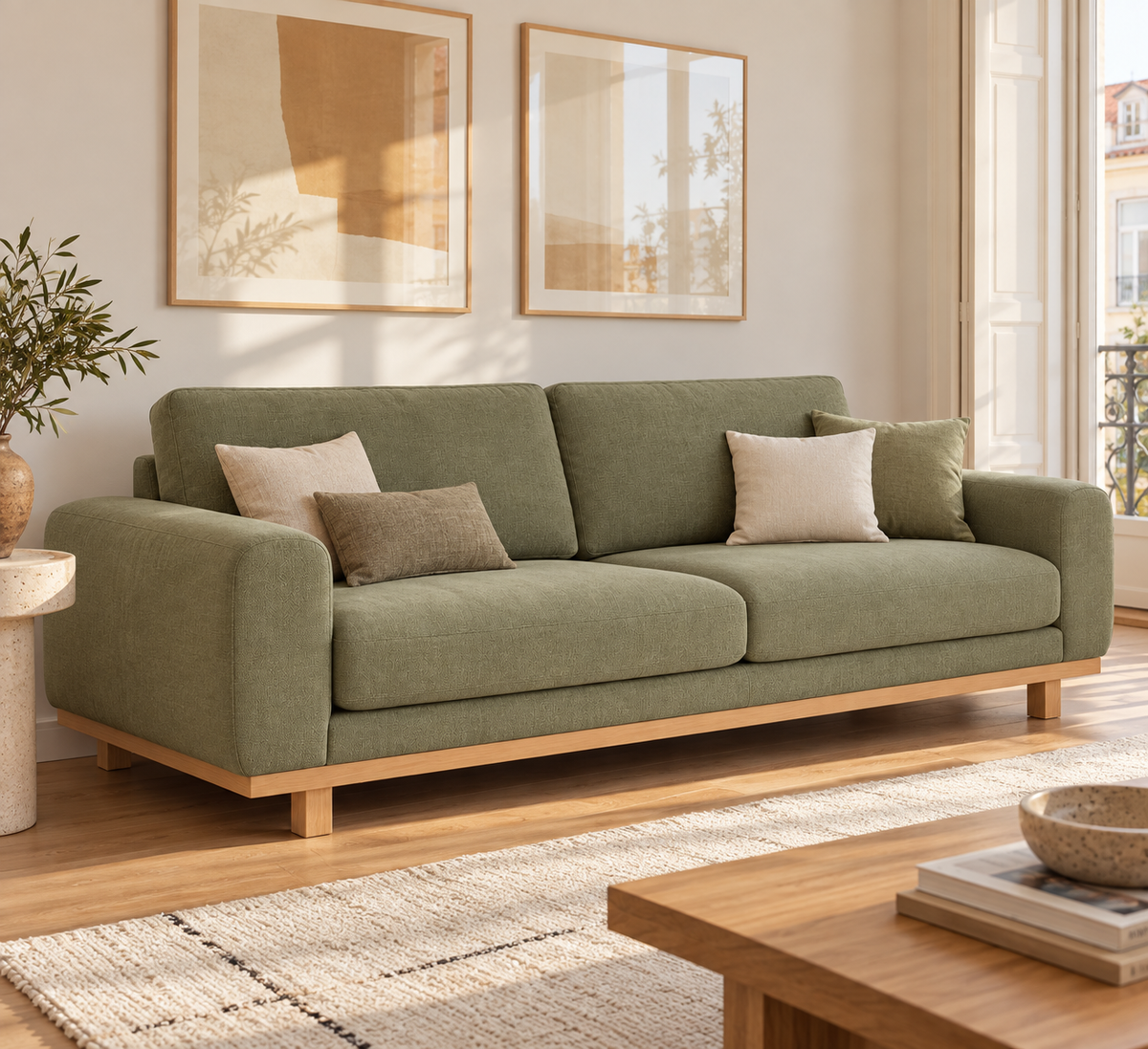 LIDO sofa in Olive Green fabric in a living room setting.