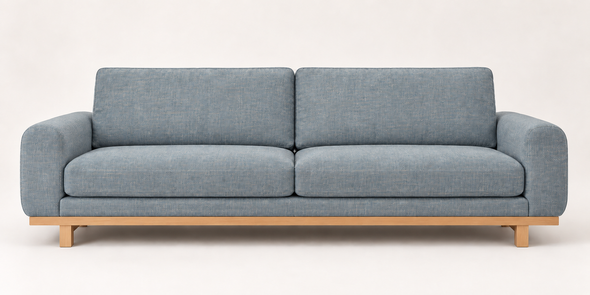 Front view of the LIDO sofa in Slate Blue fabric.