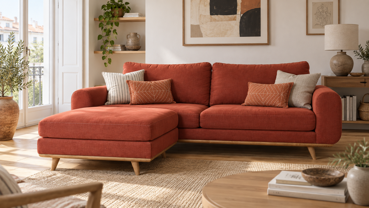 LOTO sofa in Terracotta fabric with an optional chaise longue in a living room setting.