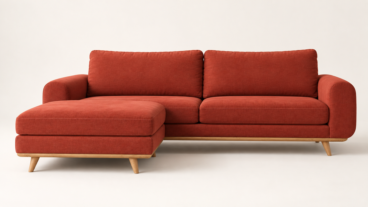 Front view of the LOTO sofa in Terracotta with an optional chaise longue.