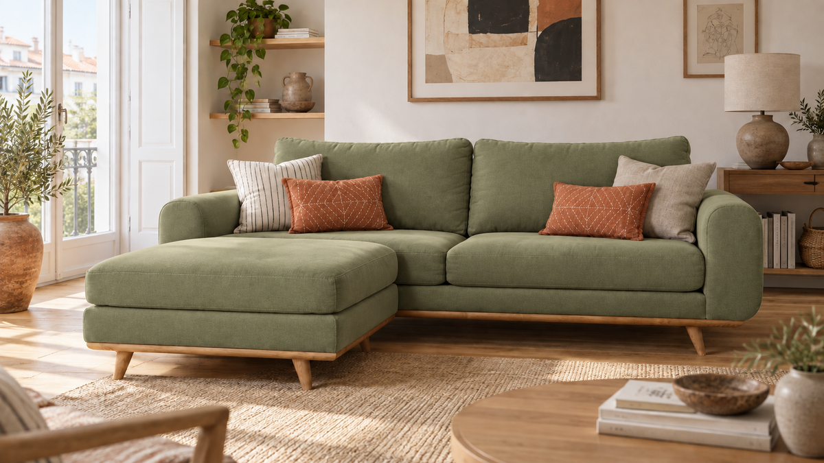 LOTO sofa in Olive Green with an optional chaise longue in a living room setting.