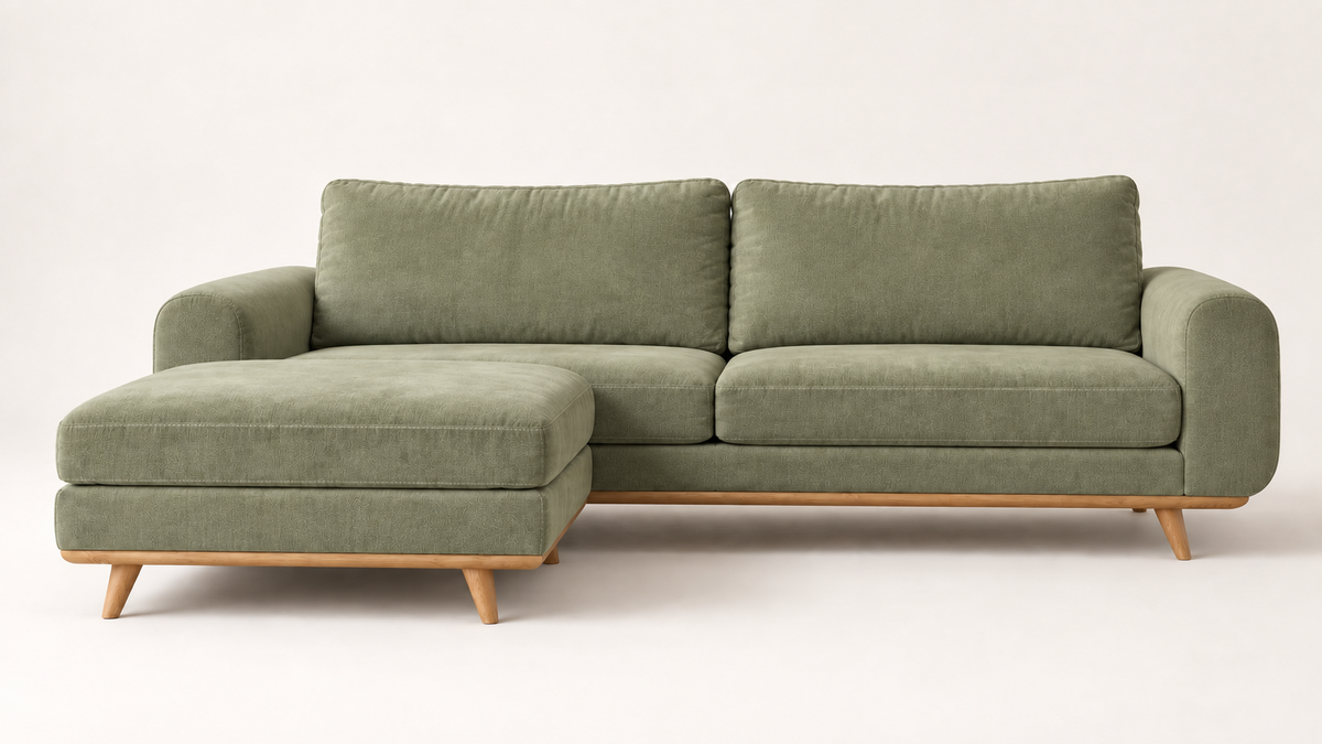 Front view of the LOTO sofa in Olive Green with an optional chaise longue.