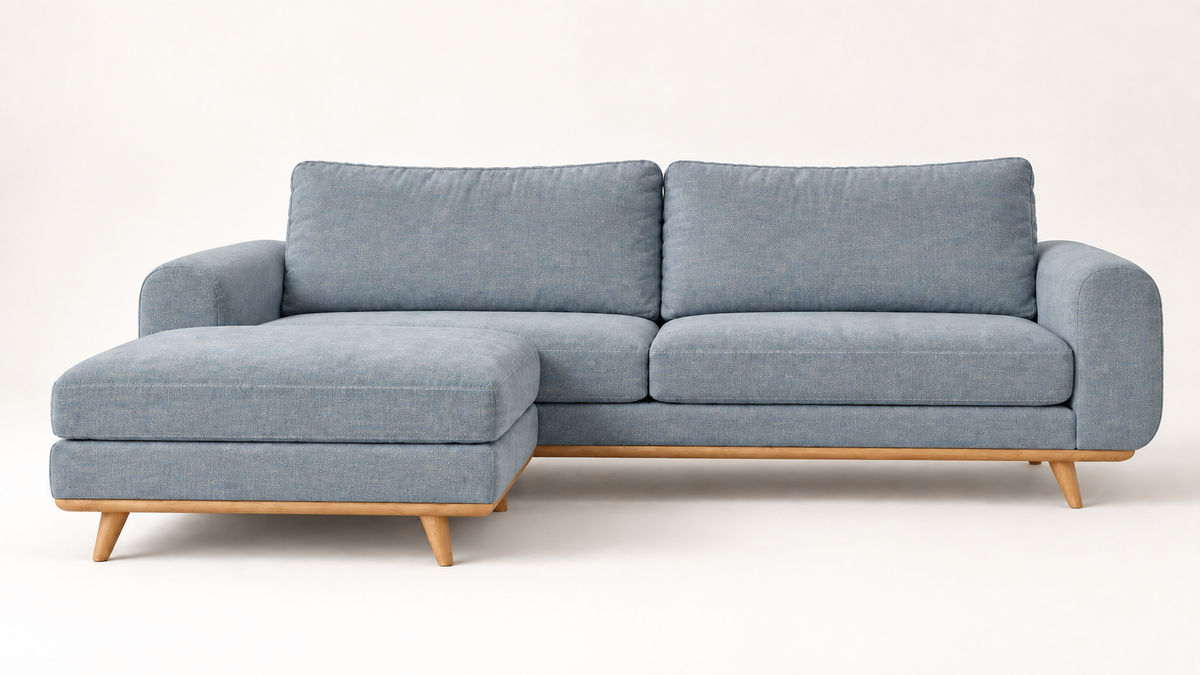 Front view of the LOTO sofa in Slate Blue with an optional chaise longue.